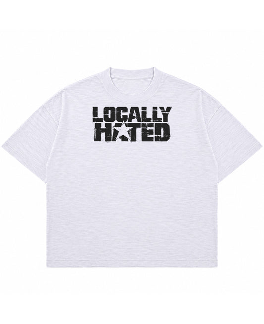 Locally Hated dust white boxy fit slub tee, front distressed black star print - Frolic Saga