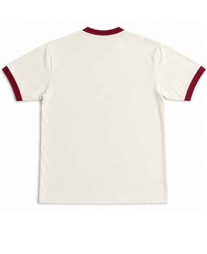 Locally Hated off white and maroon ringer tee, back view - Frolic Saga