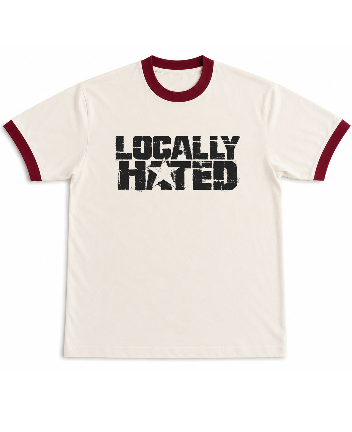 Locally Hated off white and maroon ringer tee, front distressed black print with star - Frolic Saga