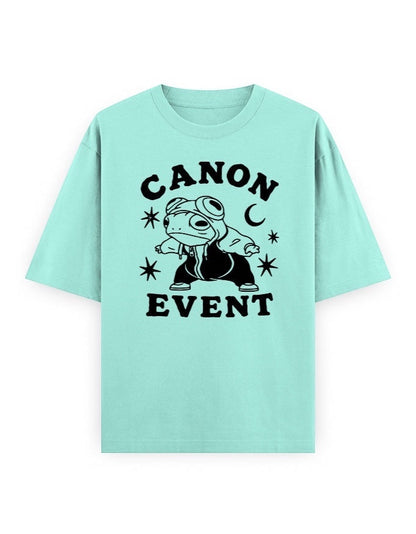 Frolic Saga Unisex oversized classic t-shirt in mint green, 100% cotton with a graphic print of a frog wearing goggles and a hoodie.