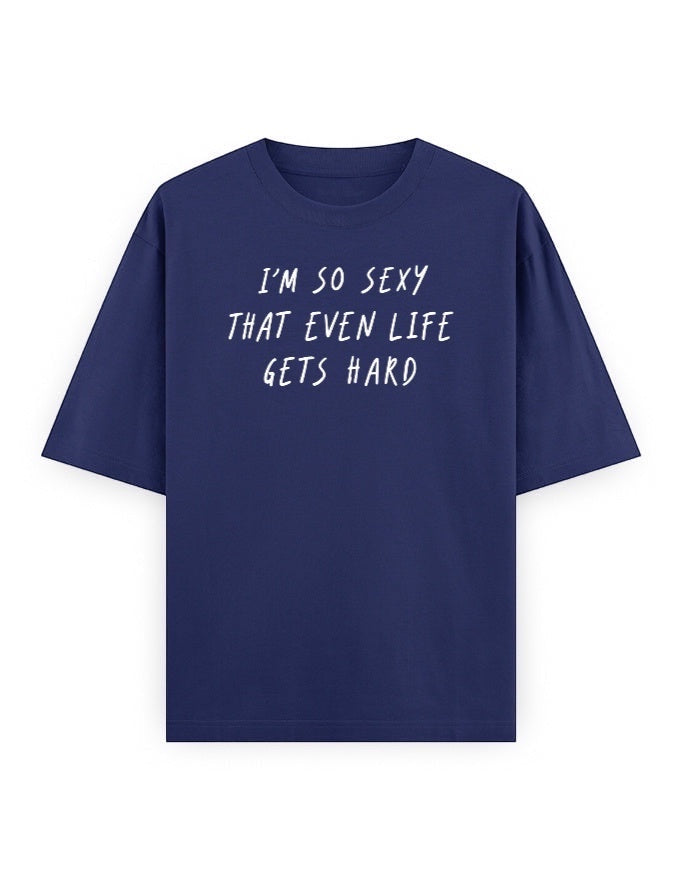 Frolic Saga navy blue 100% cotton oversized t-shirt with white text graphic.