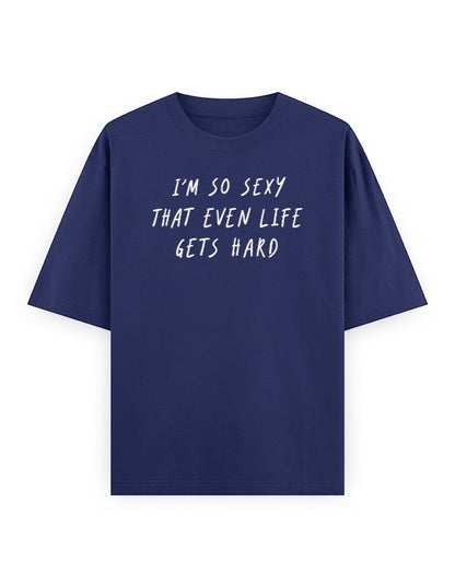 Frolic Saga navy blue 100% cotton oversized t-shirt with white text graphic.