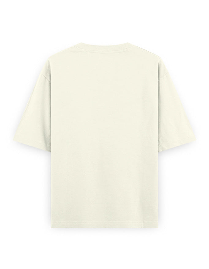 Need Money To Keep Living off white oversized tee, back view - Frolic Saga