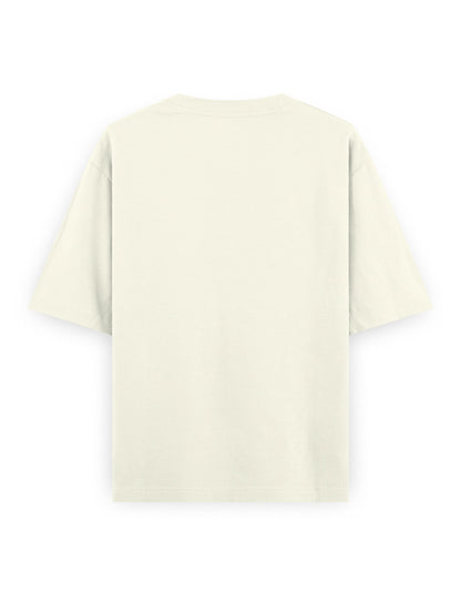 Need Money To Keep Living off white oversized tee, back view - Frolic Saga