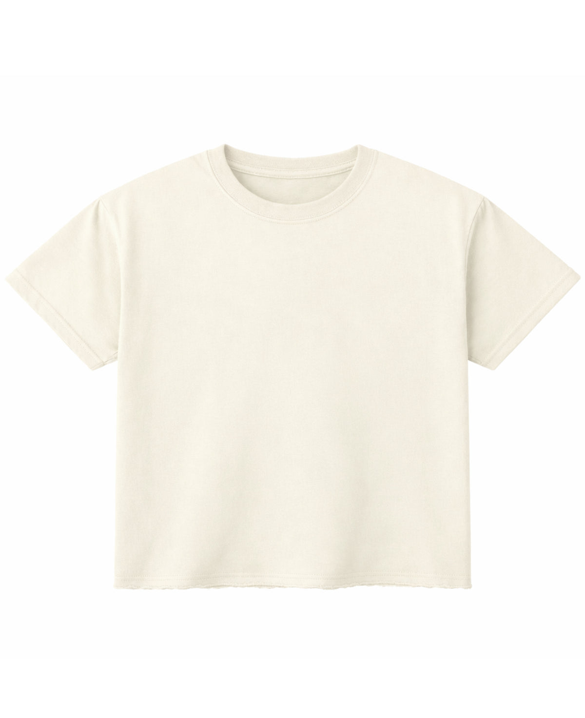 Off white oversized boxy fit tee, front view with button raw hem - Frolic Saga Bare Minimum
