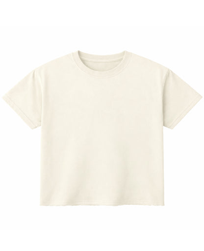 Off white oversized boxy fit tee, front view with button raw hem - Frolic Saga Bare Minimum