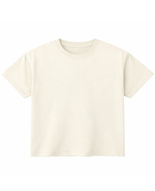 Off white oversized boxy fit tee, front view with button raw hem - Frolic Saga Bare Minimum