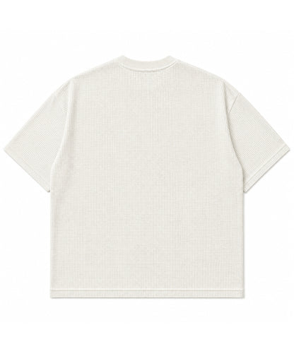 Off white waffle knit boxy fit half sleeve tee, back view - Frolic Saga Bare Minimum