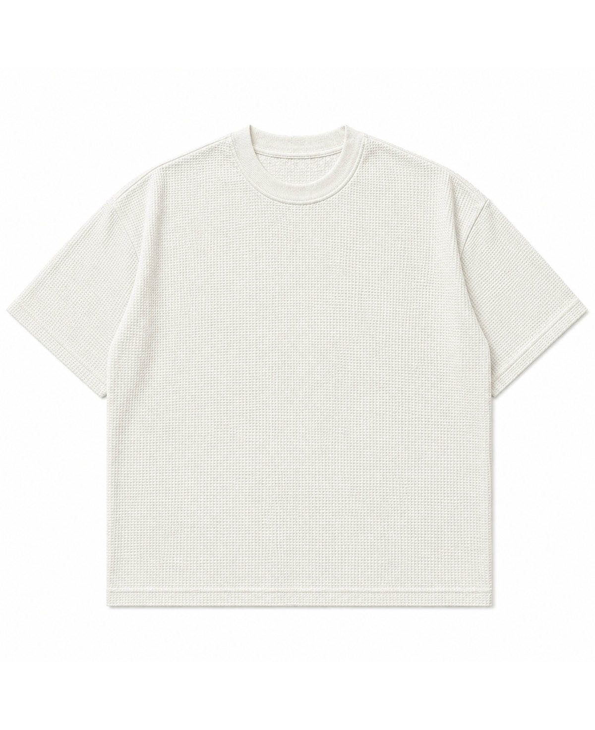 Off white waffle knit boxy fit half sleeve tee, front view - Frolic Saga Bare Minimum