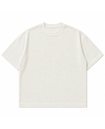 Off white waffle knit boxy fit half sleeve tee, front view - Frolic Saga Bare Minimum