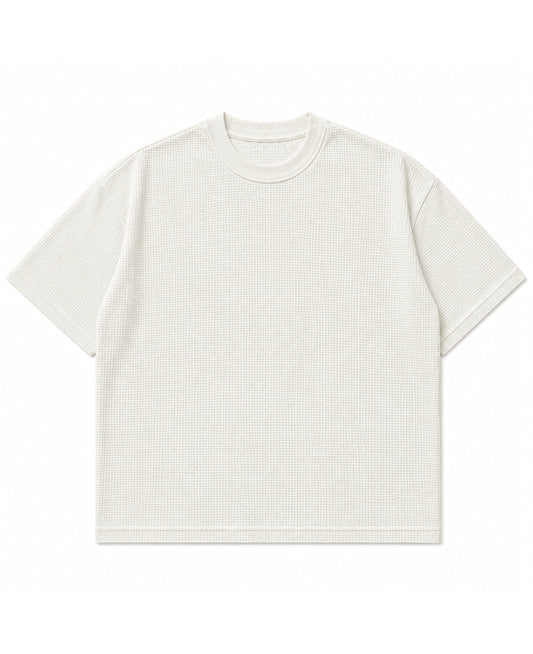 Off white waffle knit boxy fit half sleeve tee, front view - Frolic Saga Bare Minimum