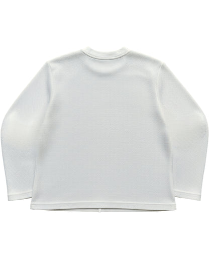 Off white waffle knit oversized full sleeve tee, back view - Frolic Saga Bare Minimum