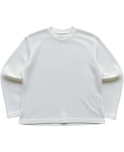 Off white waffle knit oversized full sleeve tee, front view - Frolic Saga Bare Minimum