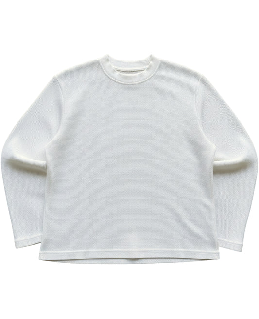 Off white waffle knit oversized full sleeve tee, front view - Frolic Saga Bare Minimum