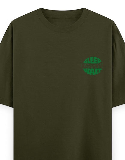 Frolic Saga olive green 100% cotton oversized t-shirt with green 'SLEEP CAN WAIT' graphic on left chest.