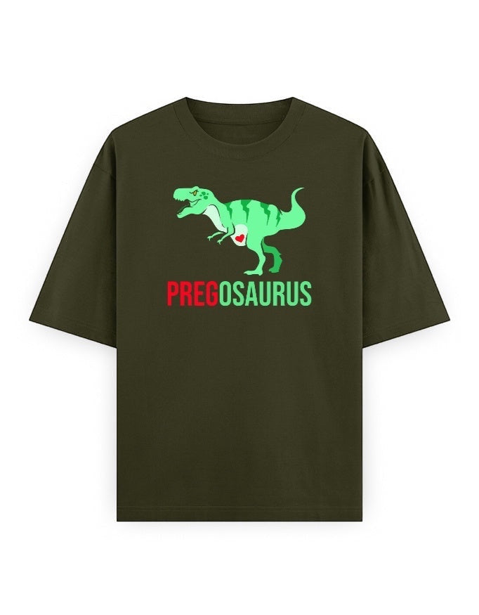 Frolic Saga olive green unisex oversized 100% cotton t-shirt with a green T-Rex graphic and "PREGOSAURUS" text.