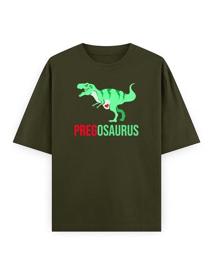 Frolic Saga olive green unisex oversized 100% cotton t-shirt with a green T-Rex graphic and "PREGOSAURUS" text.