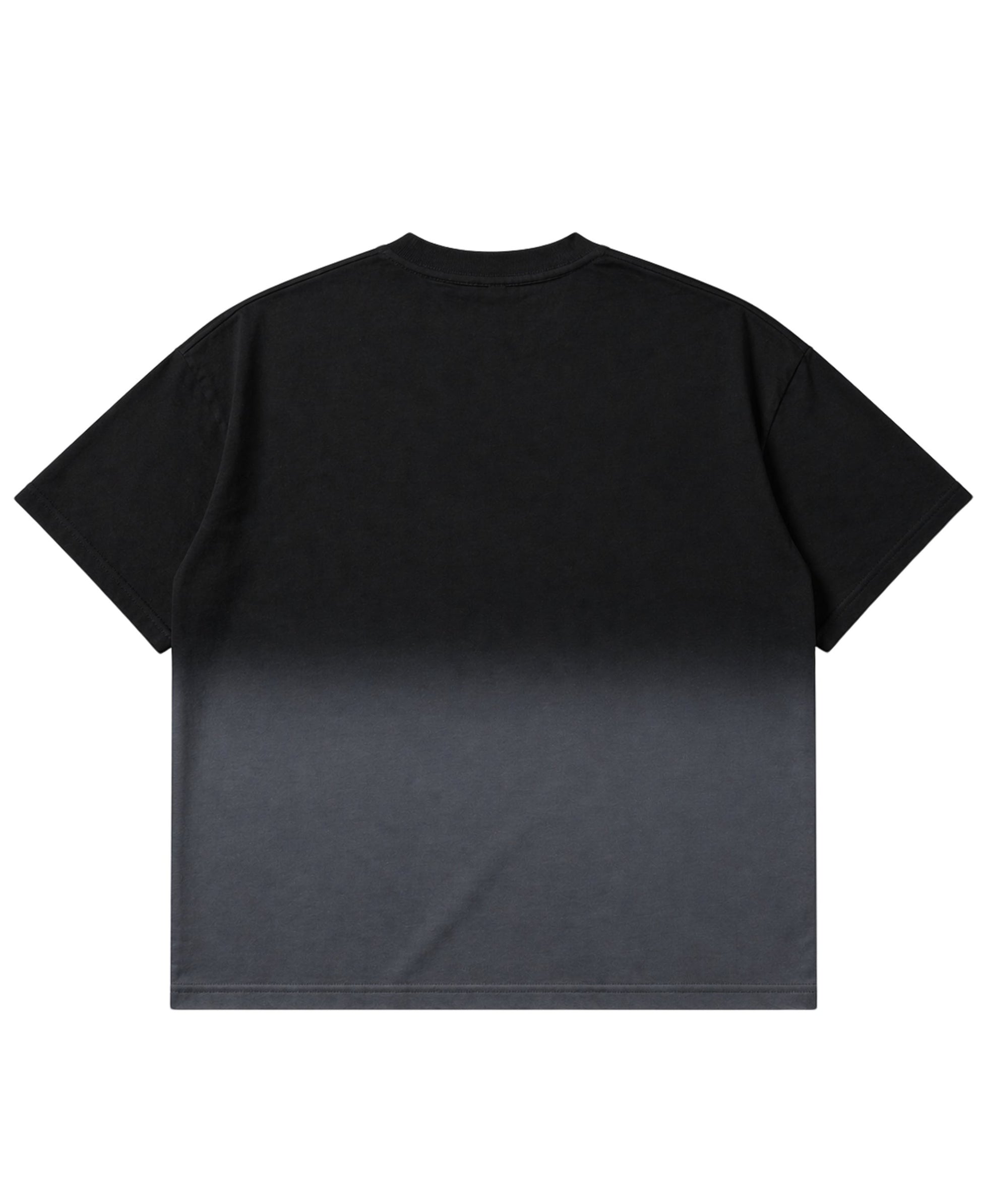 Frolic Saga black to grey ombre heavyweight French Terry cotton boxy t-shirt, back view.