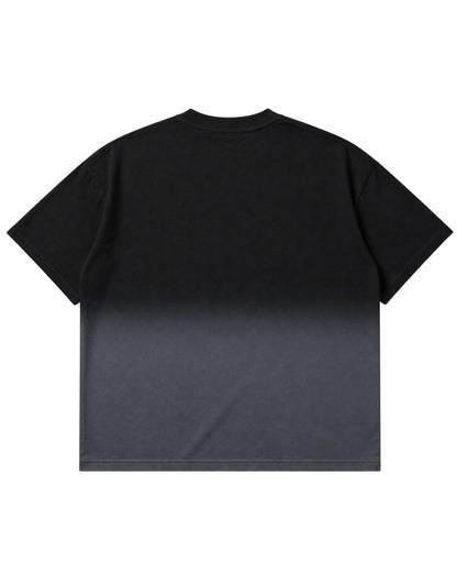 Frolic Saga black to grey ombre heavyweight French Terry cotton boxy t-shirt, back view.