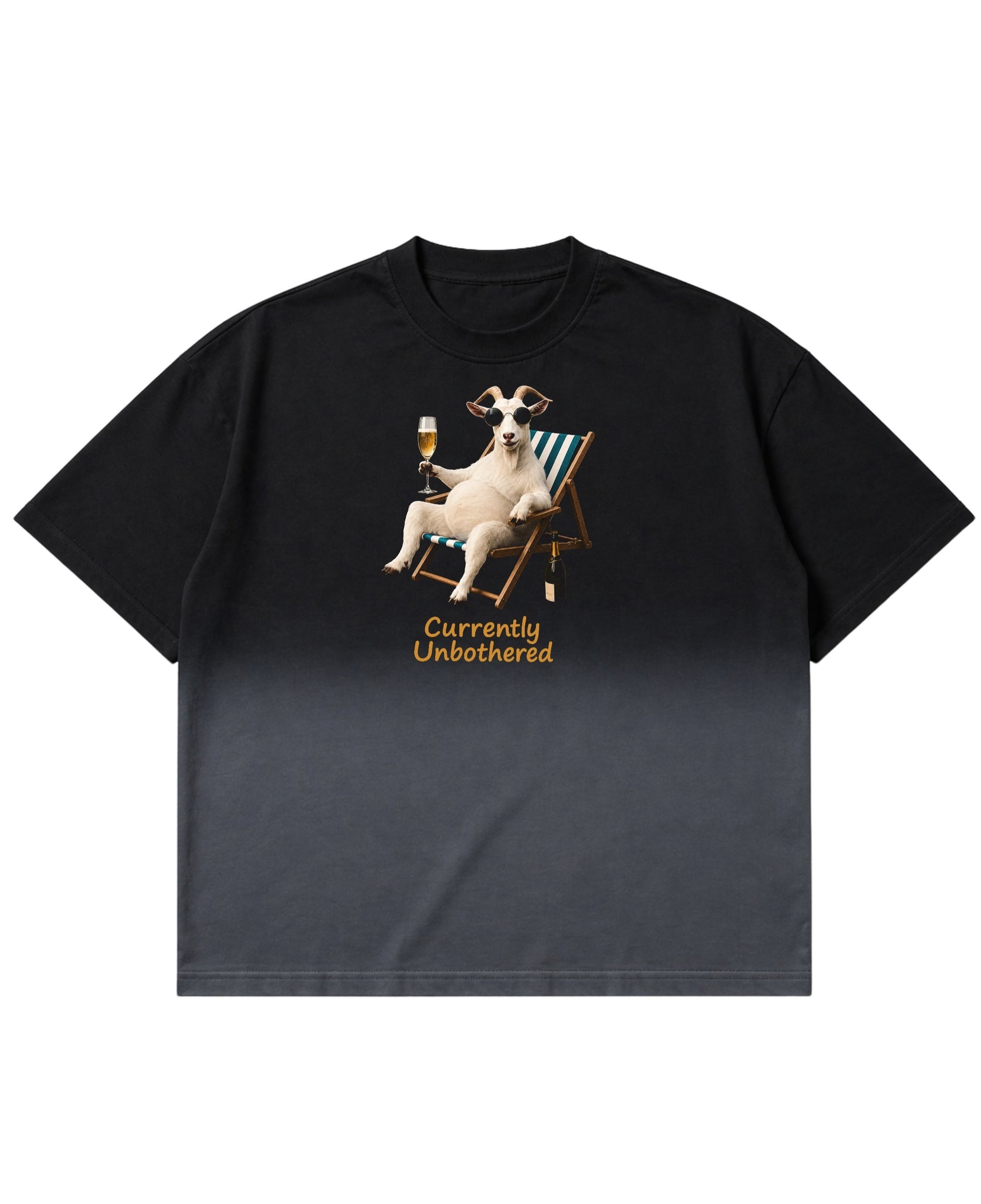 Frolic Saga boxy t-shirt in black-to-grey ombre French Terry cotton with a graphic of a goat in sunglasses.