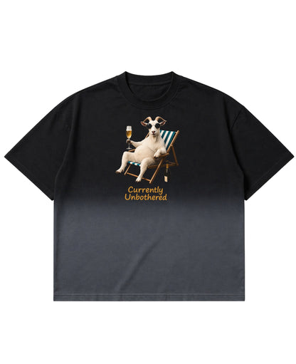 Frolic Saga boxy t-shirt in black-to-grey ombre French Terry cotton with a graphic of a goat in sunglasses.