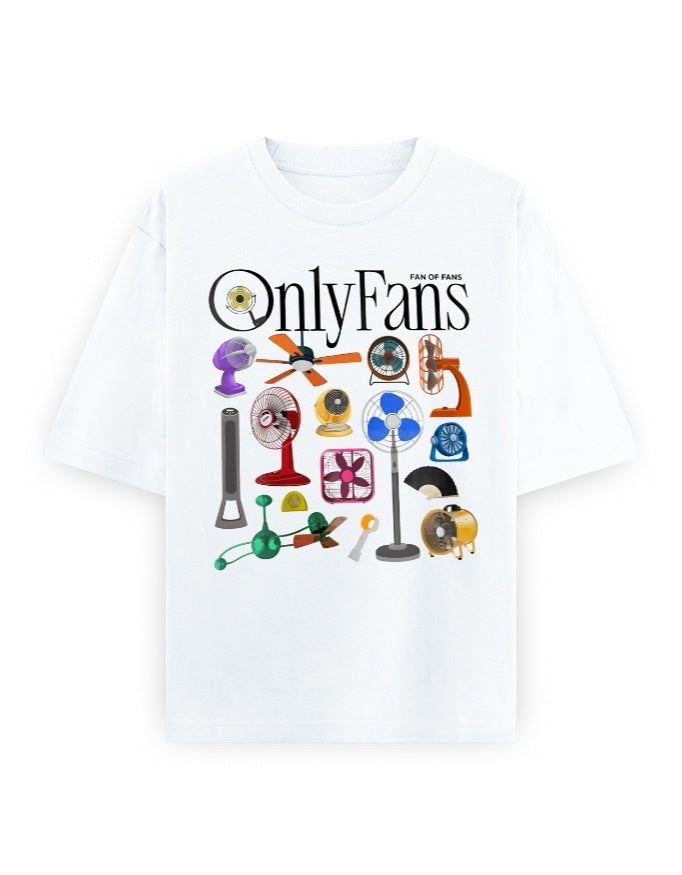 Frolic Saga off-white 100% cotton oversized t-shirt with a graphic print of various cooling fans and the text "OnlyFans Fan of Fans".