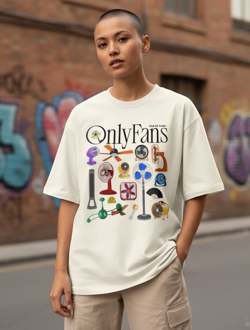 Frolic Saga off-white 100% cotton oversized t-shirt with a graphic print of various fans and the text "OnlyFans Fan of Fans".