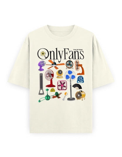 Frolic Saga off-white 100% cotton oversized t-shirt with a graphic collage of various fans and the text "OnlyFans Fan of Fans."