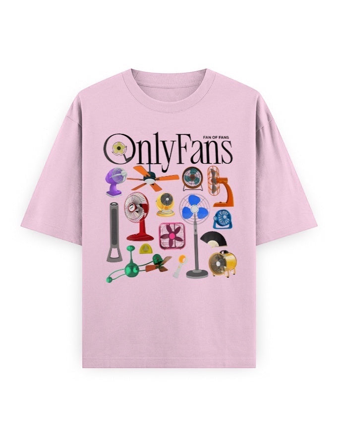 Frolic Saga off-white 100% cotton oversized t-shirt with a graphic collage of various cooling fans and the text "OnlyFans Fan of Fans".