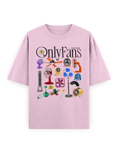 Frolic Saga off-white 100% cotton oversized t-shirt with a graphic collage of various cooling fans and the text "OnlyFans Fan of Fans".