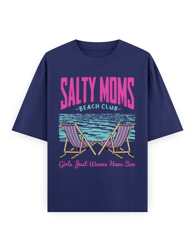 Frolic Saga navy blue oversized cotton tee with retro Salty Moms Beach Club graphic and neon pink/teal slogan.