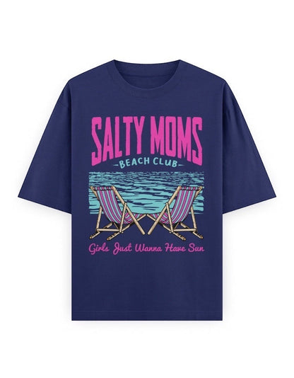 Frolic Saga navy blue oversized cotton tee with retro Salty Moms Beach Club graphic and neon pink/teal slogan.