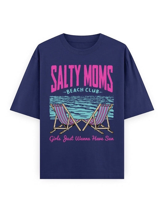 Frolic Saga navy blue oversized cotton tee with retro Salty Moms Beach Club graphic and neon pink/teal slogan.