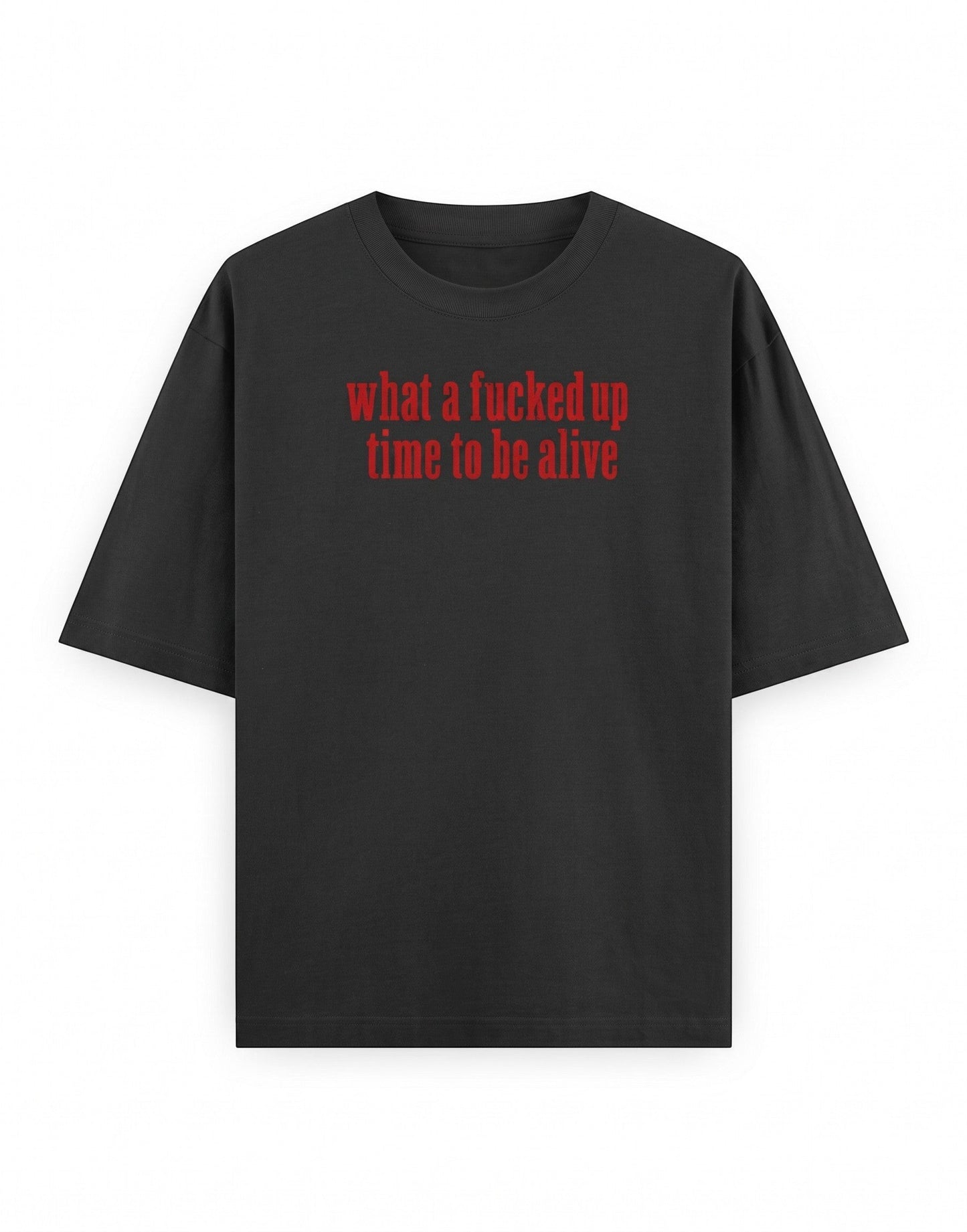 Frolic Saga unisex oversized black heavyweight cotton t-shirt with red graphic text on the chest