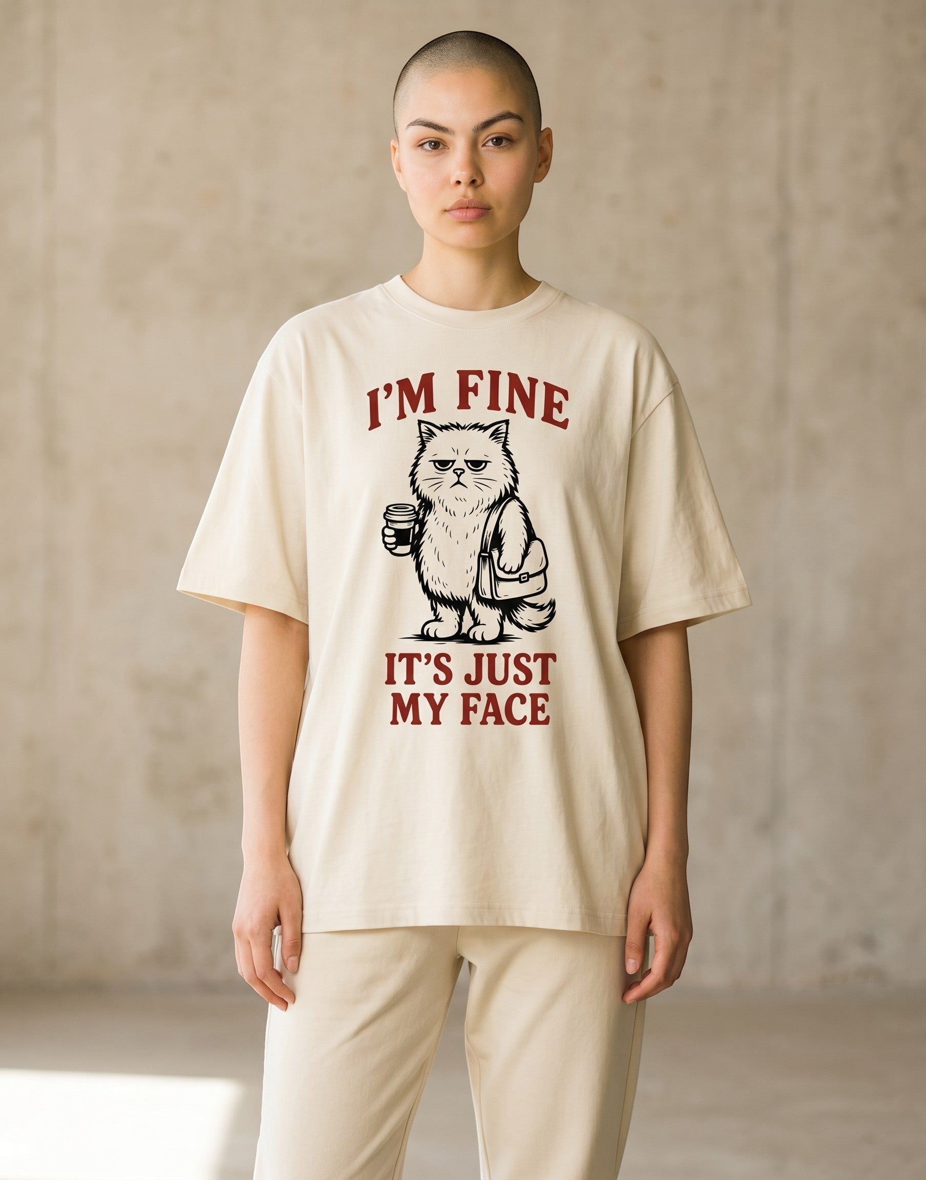Frolic Saga unisex oversized beige cotton t-shirt with a grumpy cat graphic and I'm Fine text on a model.