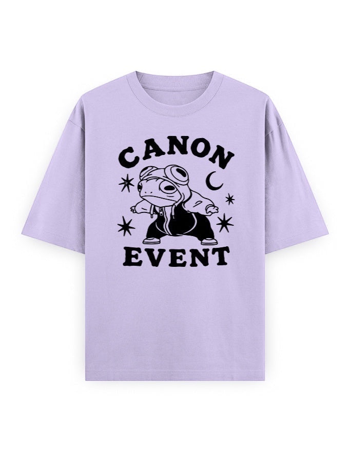Frolic Saga Unisex oversized classic t-shirt in lavender cotton with a graphic print of a frog wearing goggles and a hoodie.