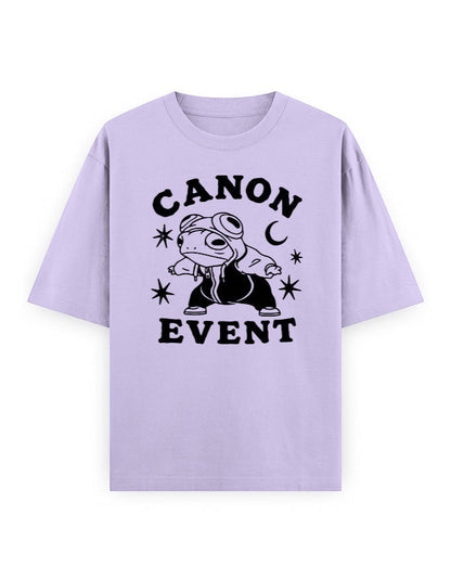 Frolic Saga Unisex oversized classic t-shirt in lavender cotton with a graphic print of a frog wearing goggles and a hoodie.