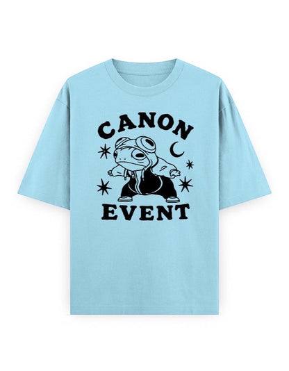 Frolic Saga Unisex oversized classic t-shirt in light blue, 100% cotton with a graphic print of a frog wearing a hoodie and goggles.