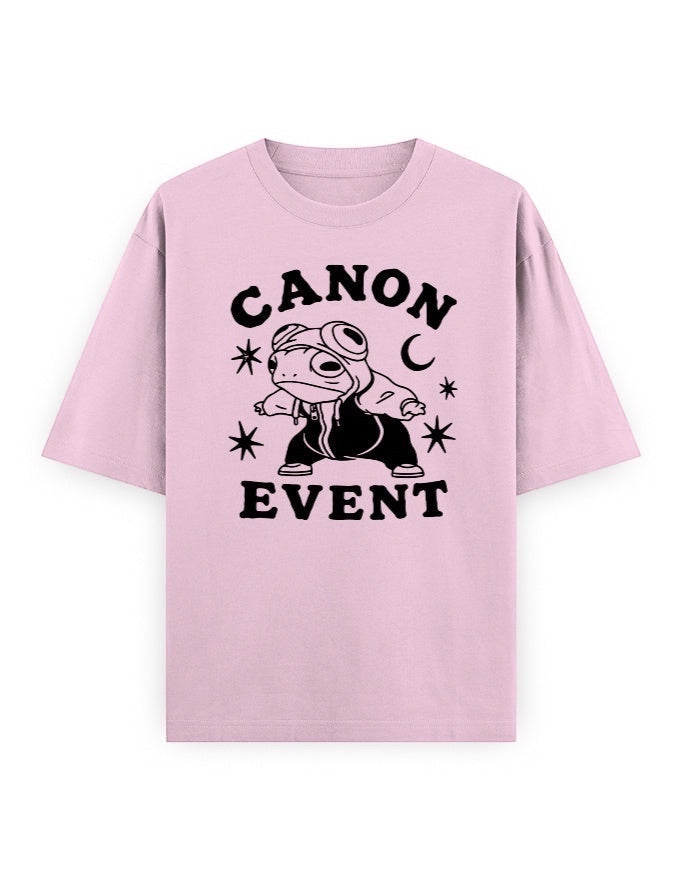 Frolic Saga Unisex oversized classic t-shirt in light pink, 100% cotton with a graphic print of a frog wearing a hoodie and goggles.