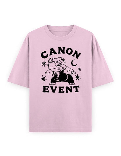 Frolic Saga Unisex oversized classic t-shirt in light pink, 100% cotton with a graphic print of a frog wearing a hoodie and goggles.