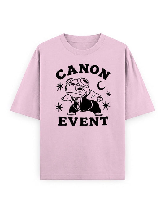 Frolic Saga Unisex oversized classic t-shirt in light pink, 100% cotton with a graphic print of a frog wearing a hoodie and goggles.