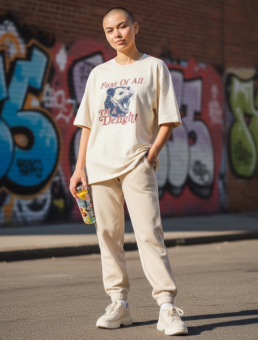 Frolic Saga unisex oversized cream 100% cotton t-shirt with a graphic print of a possum and text.