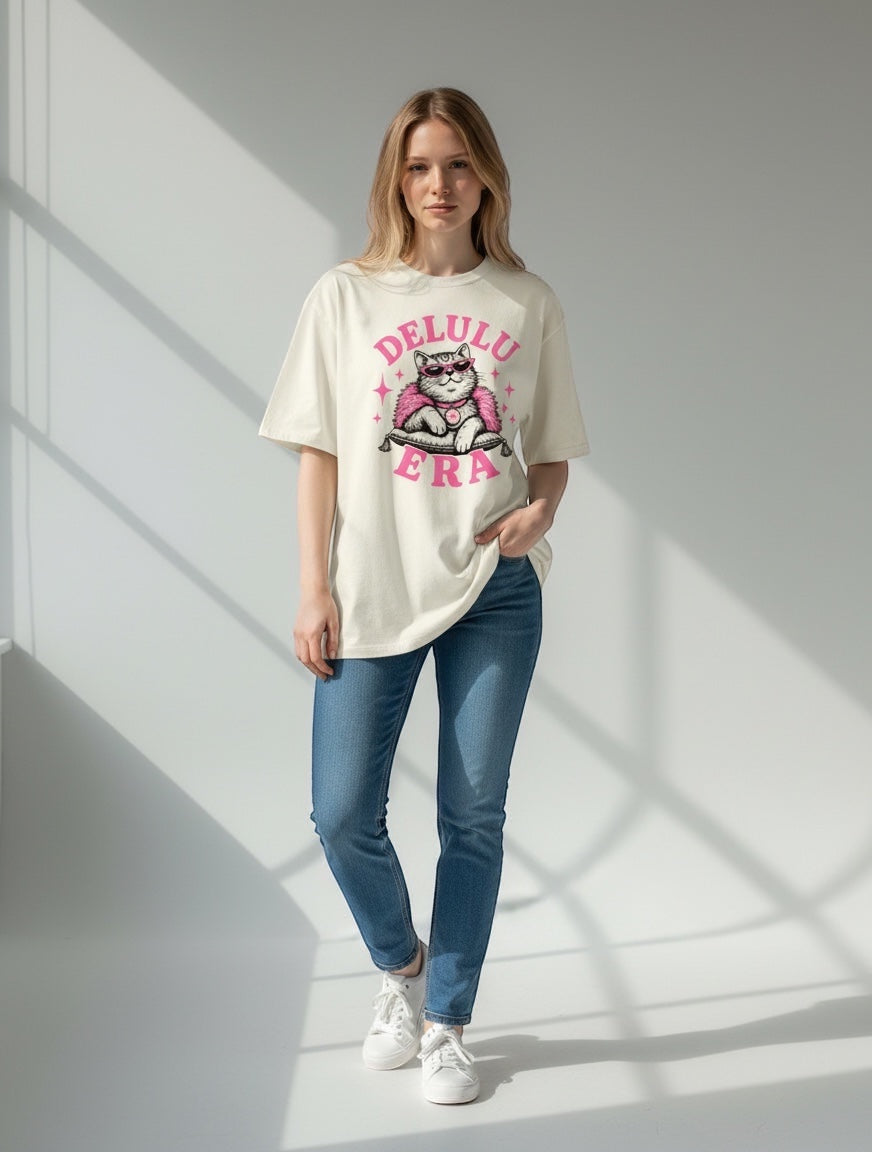 Frolic Saga cream 100% cotton oversized t-shirt with a graphic of a cat wearing sunglasses and a pink boa, text reads DELULU ERA.