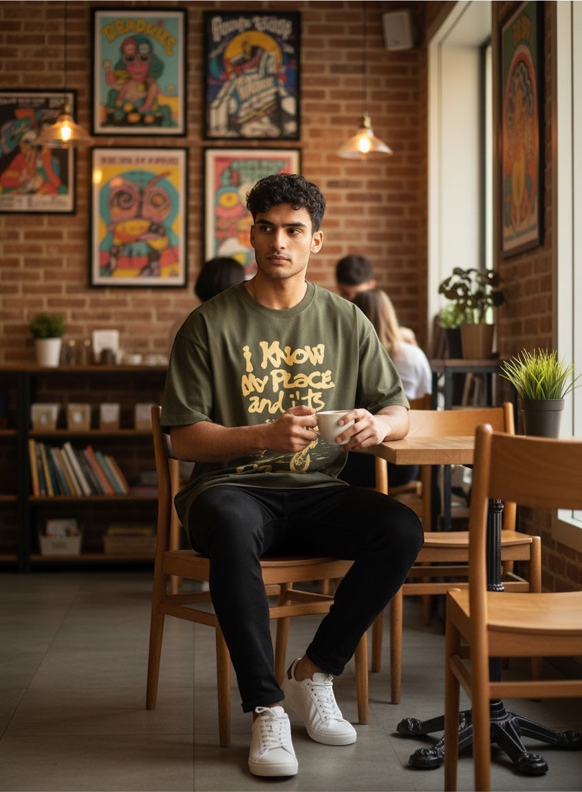 Frolic Saga olive green 100% cotton oversized t-shirt with graphic print and crew neck.