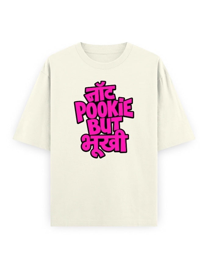 Frolic Saga cream 100% cotton oversized t-shirt with pink Hindi text graphic on front.