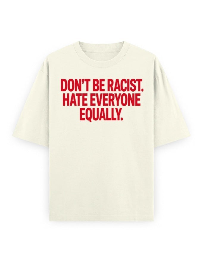 Frolic Saga unisex oversized cream cotton t-shirt with red graphic text print on the chest
