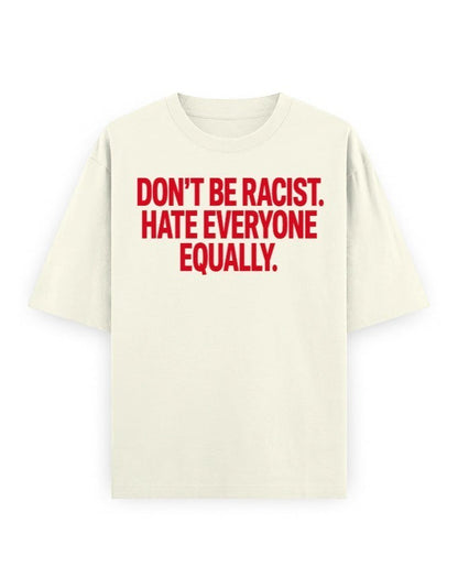 Frolic Saga unisex oversized cream cotton t-shirt with red graphic text print on the chest
