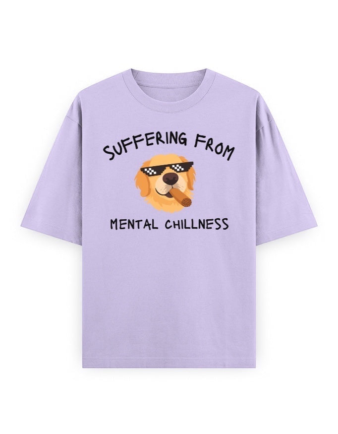 Frolic Saga oversized light purple 100% cotton t-shirt with a graphic of a Golden Retriever wearing pixelated sunglasses and smoking a cigar, with text "Suffering From Mental Chillness".