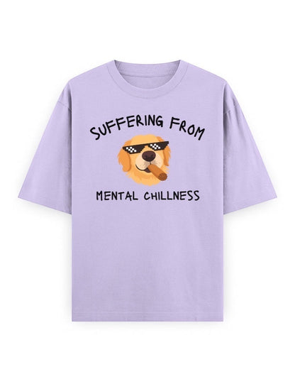 Frolic Saga oversized light purple 100% cotton t-shirt with a graphic of a Golden Retriever wearing pixelated sunglasses and smoking a cigar, with text "Suffering From Mental Chillness".