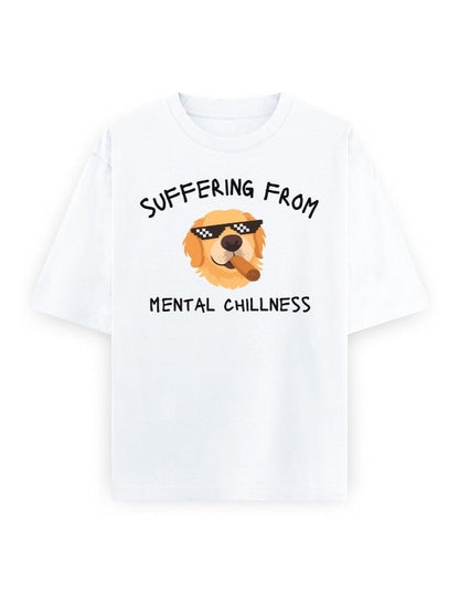 Frolic Saga white oversized t-shirt with a graphic of a Golden Retriever wearing pixelated sunglasses and smoking a cigar, with the text "Suffering From Mental Chillness" above and "Thug Life Dog Edition" below.